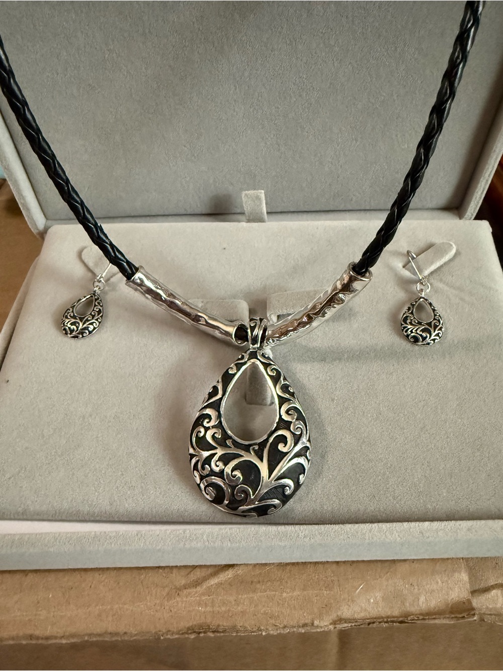 Silver Filigree Teardrop Necklace and Earrings - Black Cord